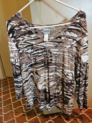 Chicos womens brown and white print long sleeve top-size 2(large)