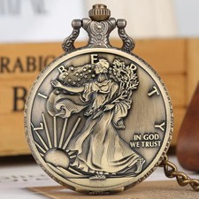 Antique Bronze Lady Liberty Pocket Watch Double Sided Face US Eagle Design