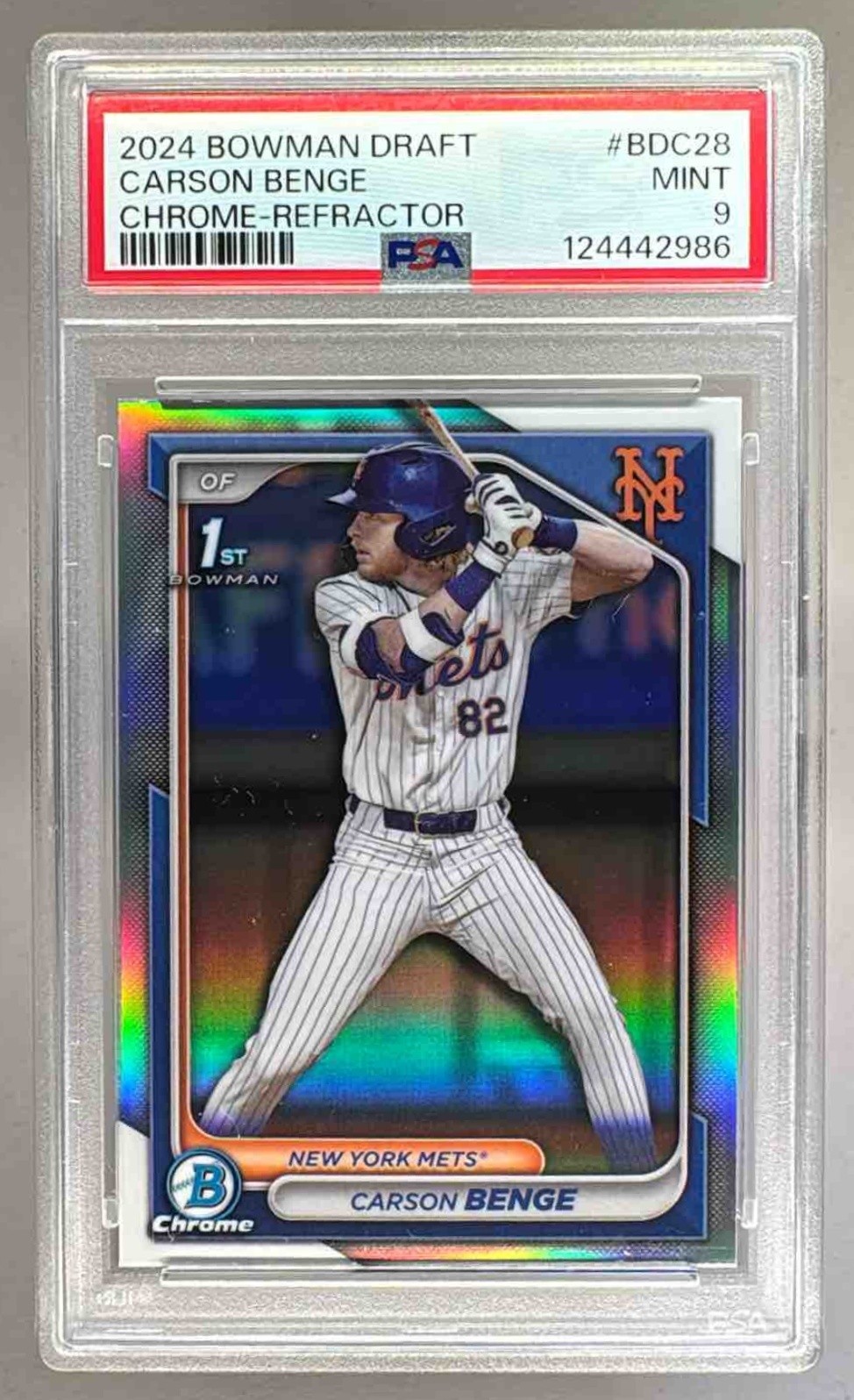 124442986 Carson Benge 2024 Bowman Chrome #BDC-28 Refractor 1st Rookie RC PSA 9