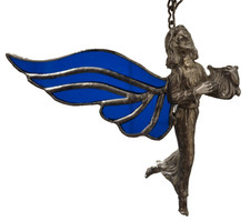 Stained Glass Angel Pewter Body Blue Wings Suncatcher Ornament