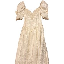 VTG Mori Lee Wedding Dress Floral Brocade Puff Sleeve Pearl Lace Gown Bow Sz 10