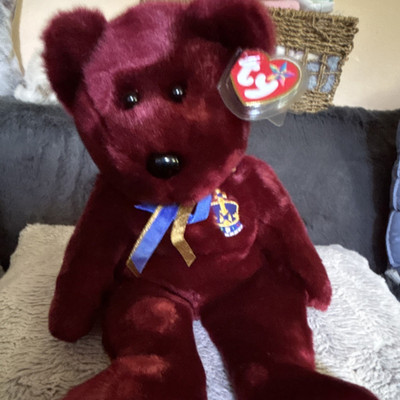 Ty Beanie Buddies Burgundy Bear Plush w/ Blue Ribbon & Crown Embroidery, 2000