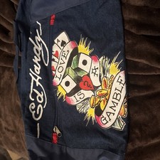 Ed Hardy Love is a Gamble Blue Zip Canvas Duffel Travel Gym Bag.
