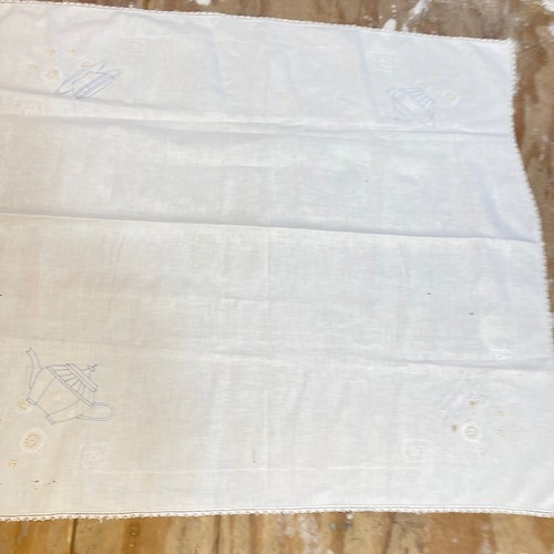 vtg tablecloth luncheon square cotton white embroidery tea cup crochet edge - Picture 3 of 12