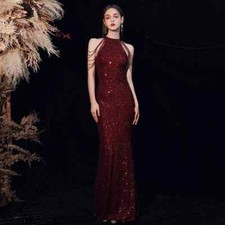 Elegant Off Shoulder Beaded Sequin Evening Dress Women Party Formal Maxi Dress