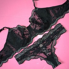 NWT Victoria's Secret unlined 36C BRA SET S thong BLACK SILVER foil lace floral