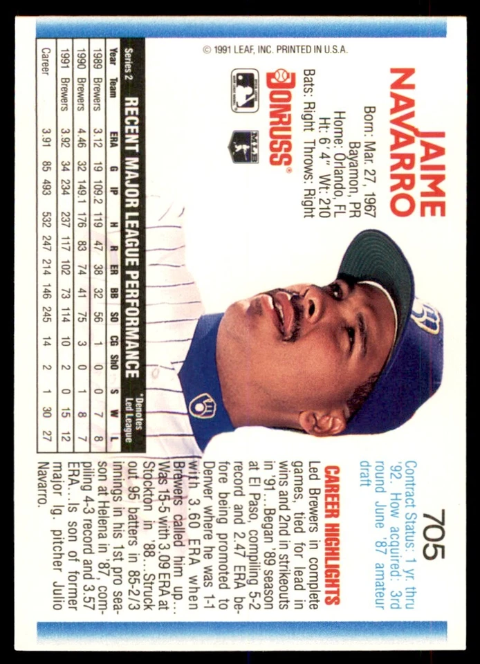 1992 Donruss Jaime Navarro Milwaukee Brewers #705 - Image 2 of 2