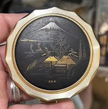 Vintage Mt FUJI Japanese Komai Damascene 24k Overlay Powder Mirror Compact