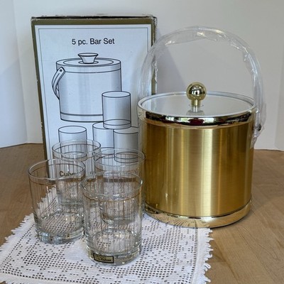 Vintage Culver Devon 22K Gold Stripe 4 Old Fashioned Glasses & Ice Bucket *as is