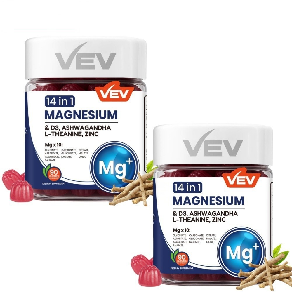 VEV Magnesium Citrate and Glycinate Gummies for Adults 14 in 1 Magnesium D3- and