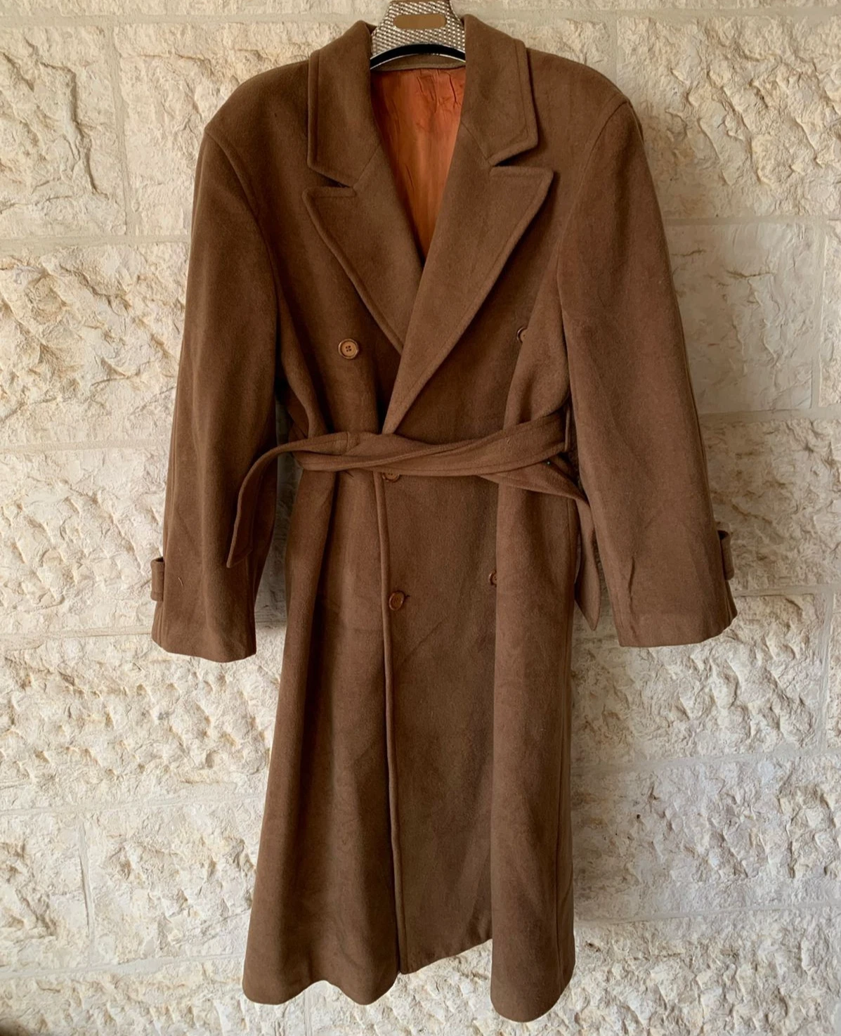 Vintage wool cashmere blend double breasted brown belted over coat 46R XL