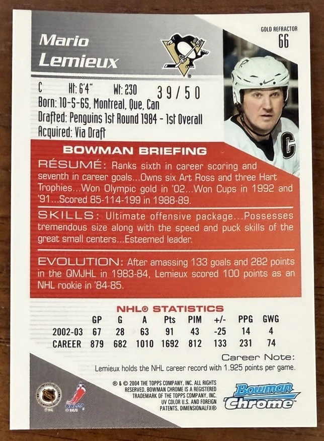 2003 BOWMAN CHROME MARIO LEMIEUX DRAFT PICKS & PROSPECTS GOLD REFRACTOR /50 READ - Image 2 of 4