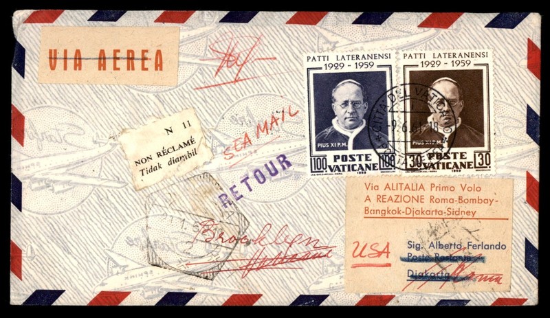 Mayfairstamps Vatican Flight 1961 Rome to Djakarta Retour Alitalia Cover cca_329