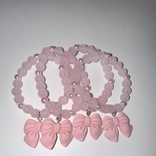 4 Pink Beaded Adjustable Bow Charm Bracelets for Girls, Plastic Dangle Set