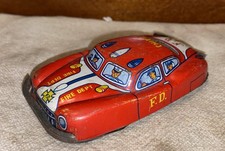 Vintage 4  Tin Litho Friction Motor Fire Chief Car