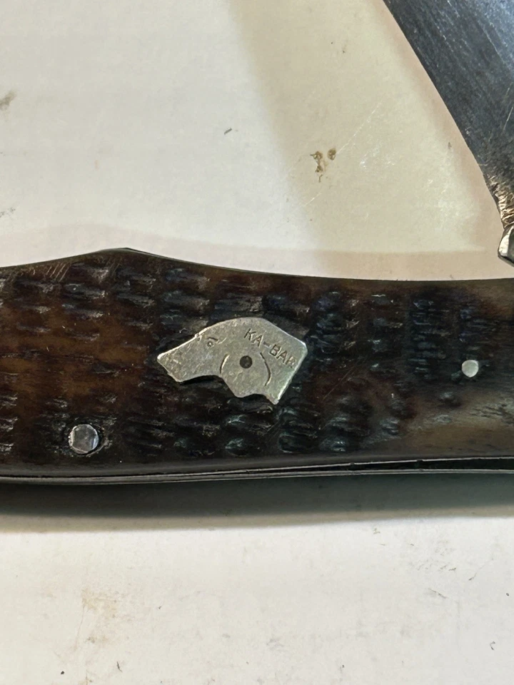 Cuchillo de cazador plegable vintage KA-BAR "cabeza de perro" - asas de hueso jigged Foto 3 de 4
