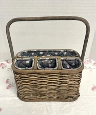 Vintage Floral Fabric Lined Wicker Utensil Picnic Basket Napkin Caddy Rustic