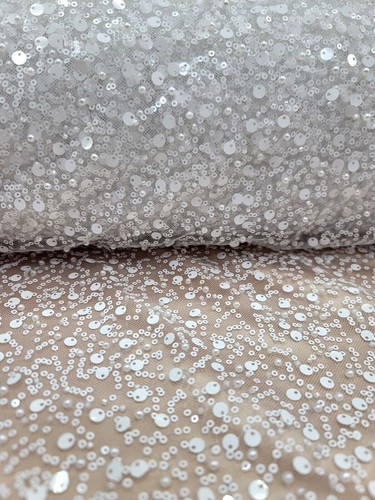 White Beaded Sequins Embroidery Bridal Stretch Lace Fabric By The Yard Wedding - Picture 12 of 13
