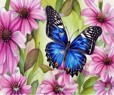 BLUE BUTTERFLY PINK DAISY FLORAL COMPUTER MOUSE PAD 9 x 7