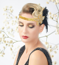 1920s Headband Gold Roaring Beaded Black Feather Headpiece Flapper Great Gatsby