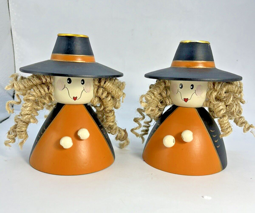 2 Halloween Terry’s Village Wooden Witch Taper Pair Candle Holders Decor 4.5" - Picture 5 of 9