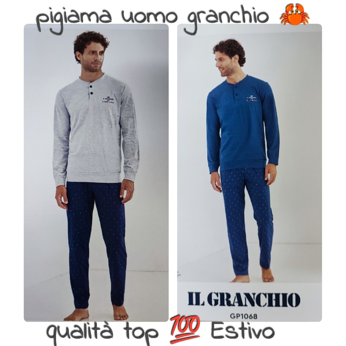 PIGIAMA UOMO IL GRANCHIO COTONE ESTIVO PRIMAVERILE MANICA LUNGA