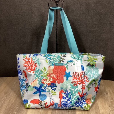 Vera Bradley RETIRED Drawstring Family Tote Shore Thing Beach Blue Ocean  Turtle