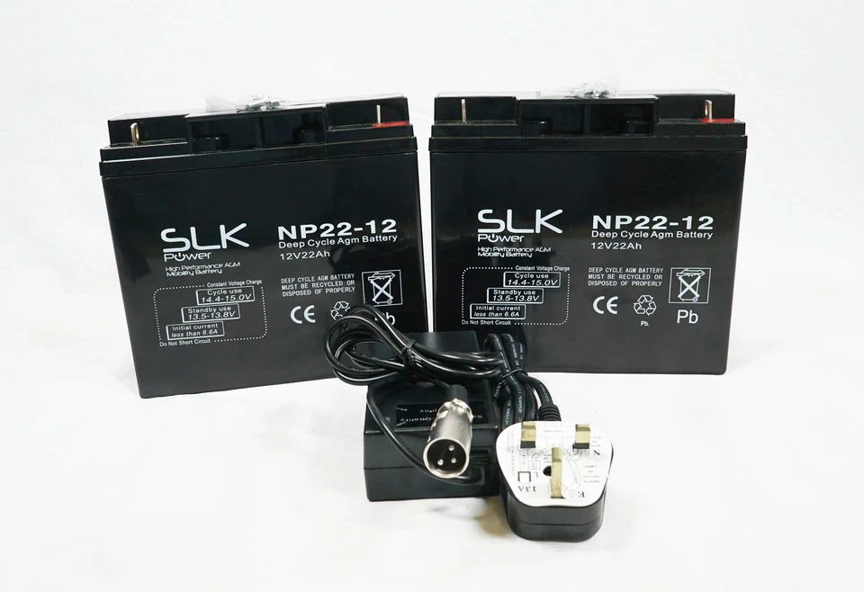SLK POWER 2 x 12v 22AH PRIDE GO GO ELITE TRAVELLER PLUS BATTERIES & 24v CHARGER BUNDLE