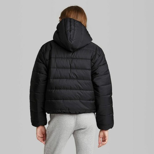 Black Puffer Jacket Coat Hooded Short 