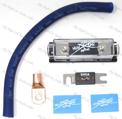 SKY HIGH 100 AMP ANL Fuse Holder BATTERY INSTALL KIT 0 GAUGE 1 FT OFC BLUE