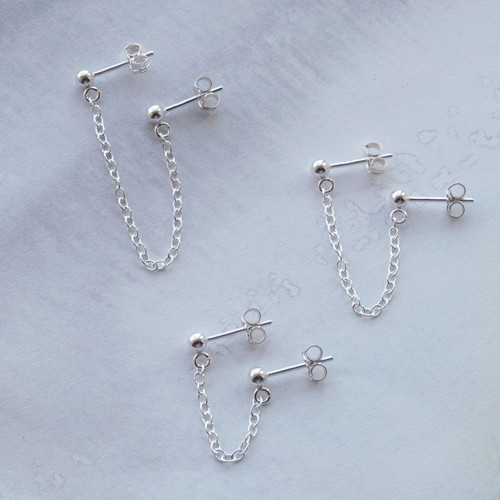 Sterling Silver Double Lobe Piercing Earring - Chain Studs For Two Holes 925 - Picture 10 of 10