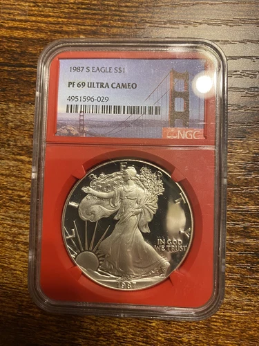 1987 S Eagle Proof 69 Ultra Cameo Golden Gate Bridge Label