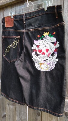 Ed Hardy Denim Shorts Embroidered Skull love Kills Christian