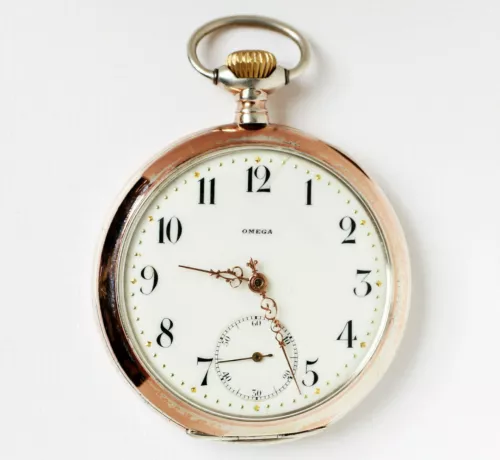 Omega Grand Prix 1900 Paris Taschenuhr 800 Silber z.T. rotvergoldet Handaufzug