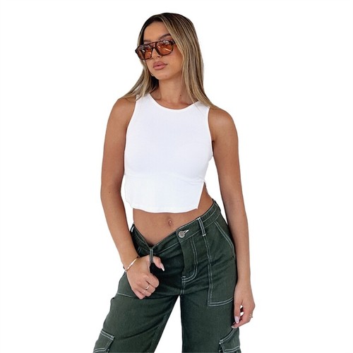 Women Solid Color Crop Top Sleeveless Side Split Hem Bodycon Racerback Vest - Picture 6 of 23