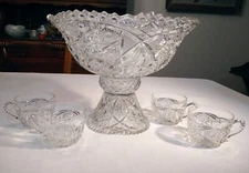 Vintage EAPG US Glass Pacifica Pattern Punch Bowl, Stand , 4 cups