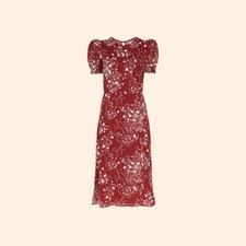 NWT $218 Reformation Lee Dress Bryce Red Floral Midi Puffed Smocking 2