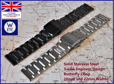 CHUNKY Solid Stainless Steel 3-link ''Engineer'' Style Watch Bracelet, 20mm 22mm
