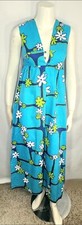 Vintage 60s 70s Bullocks Hawaiian Maxi Empire Waist Dress Turquoise Lime Green