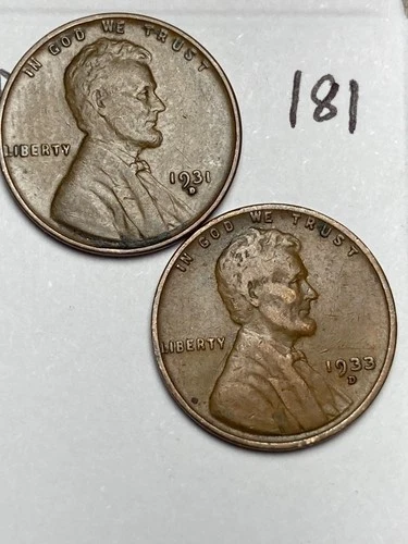 1931-D & 1933-D LINCOLN WHEAT CENT SET, 2 coins, low mintage dates, XF, #181