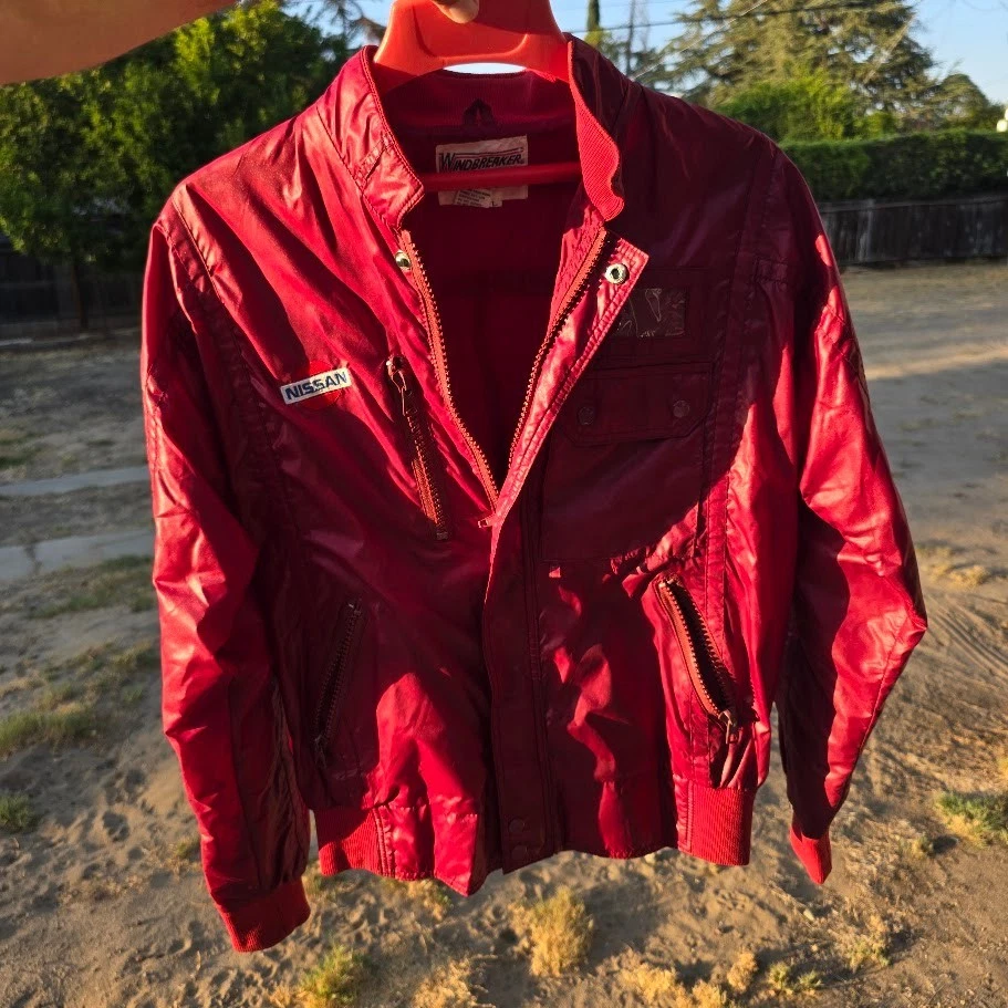 Vintage 80s Nissan Racing Jacket Mens Large Maroon Nylon Windbreaker Pit Coat - product detail image 2