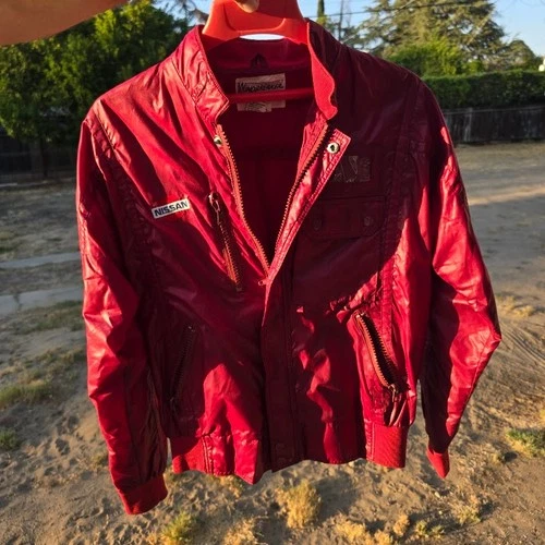 Vintage 80s Nissan Racing Jacket Mens Large Maroon Nylon Windbreaker Pit Coat image 2