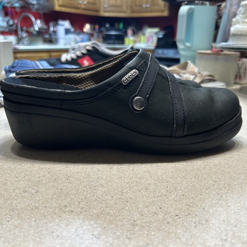 Crocs Women's Leather Clog Shoes Size 8 Black Fabric lined - Picture 6 of 12