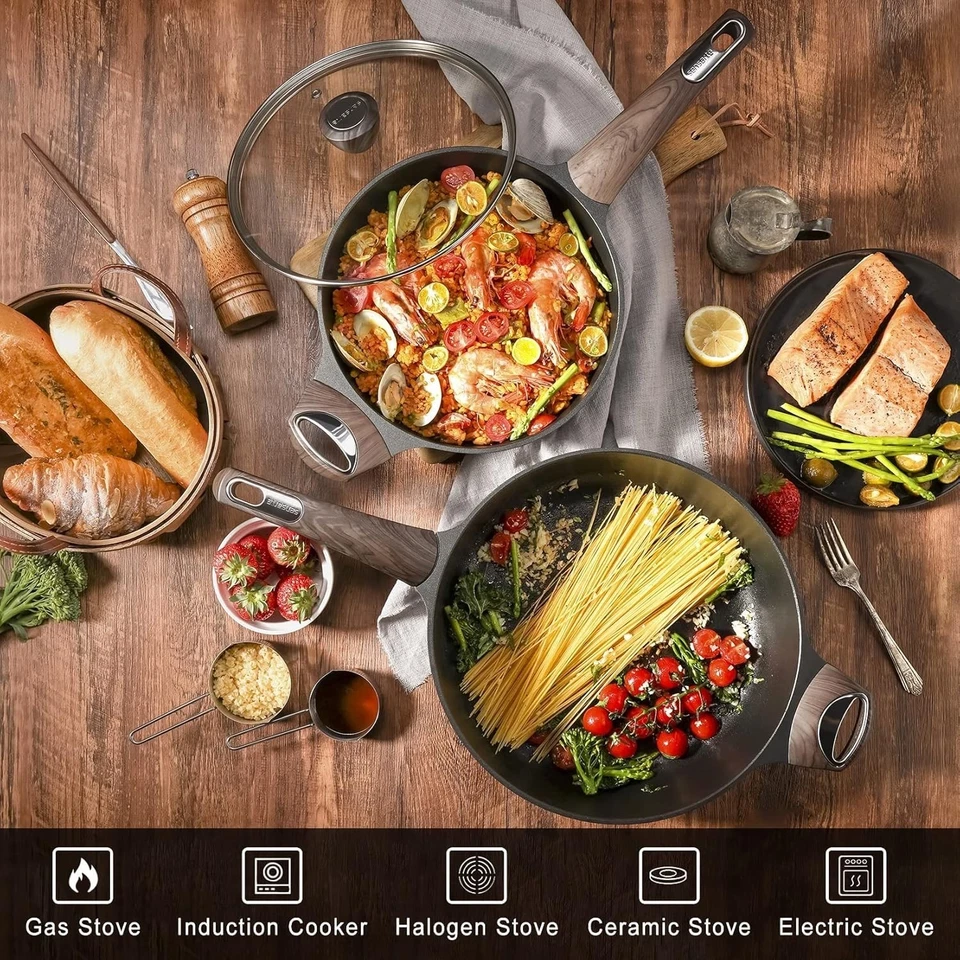 30cm Black Deep Non Stick Saute Pan with Lid, 4.7L Skillet Induction Compatible - Image 3 of 4