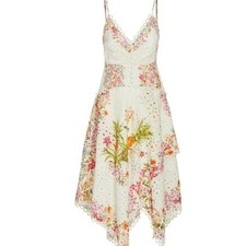 Farm Rio Delicate Forest Scarves White Eyelet Handkerchief Hem Midi Dress NWT M