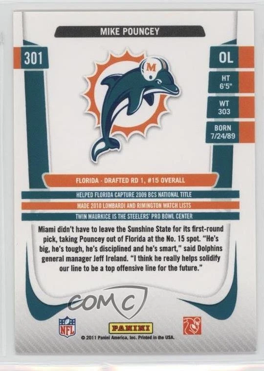 2011 Panini Prestige Rookie Draft Variations Mike Pouncey #301 RC - Image 2 of 2