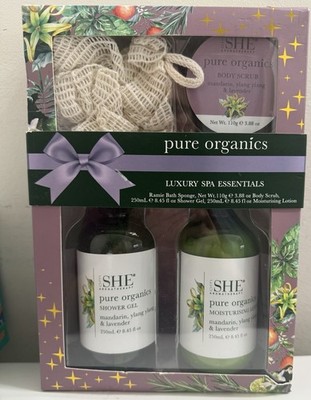 Om She Pure Organics Luxury Spa Essentials Shower Gel Lotion & Body Scrub Sponge
