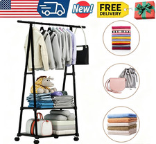 Black Clothes Rack for Hanging Clothes, Portable Rolling Wardrobe with Shelves