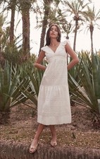 Sezane White Embroidered Midi Dress US 2 XS Boho Cotton Open Back 
