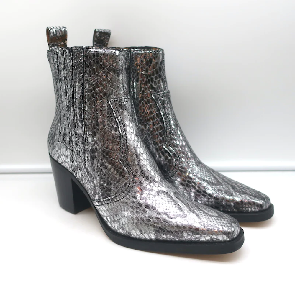 Ganni Callie Western Chelsea Boots Silver Metallic Snake-Print Leather Size  38